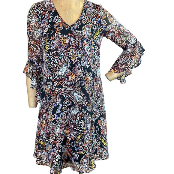 Calvin Klein Paisley/Floral Chiffon Shift Dress Ruffle Bell Sleeves Sz 2 #311M - Picture 1 of 8